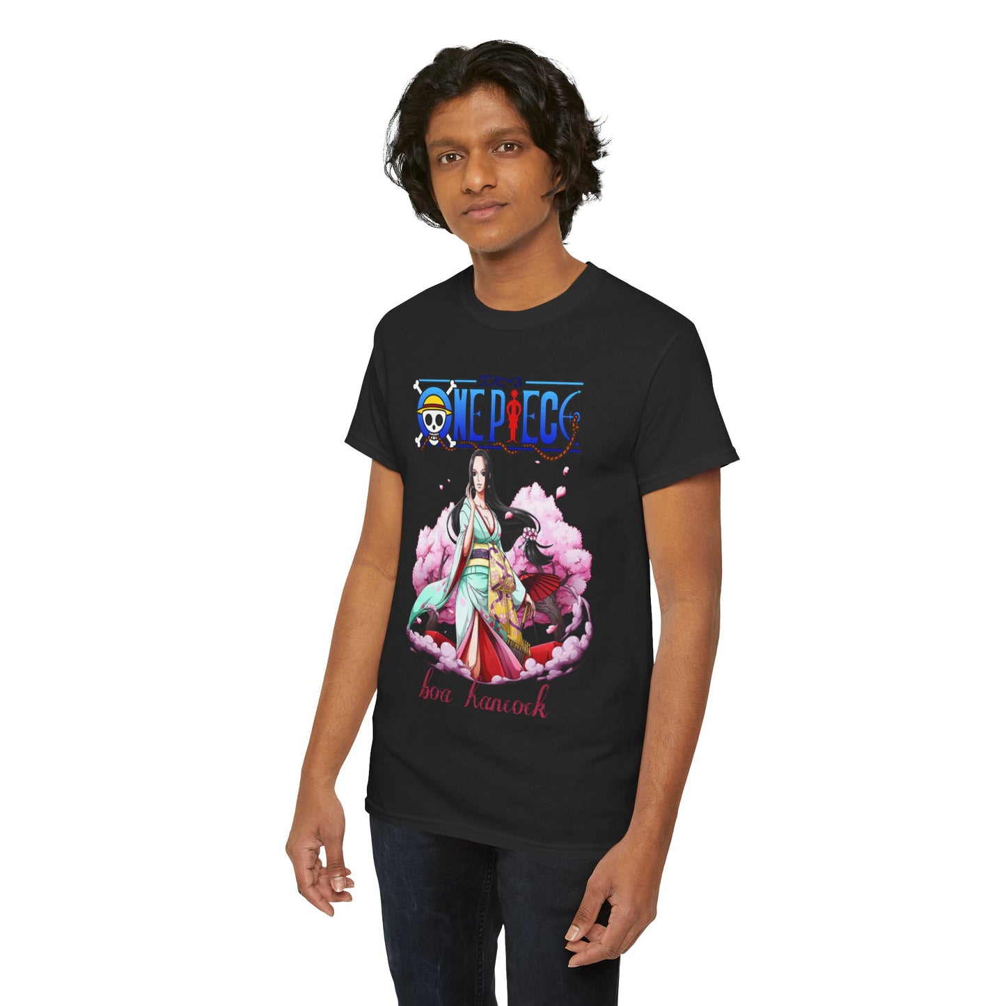 Fashionable young man wearing a black t-shirt featuring the elegant Boa Hancock graphic from 'One Piece', perfect for anime enthusiasts.