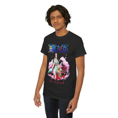 Fashionable young man wearing a black t-shirt featuring the elegant Boa Hancock graphic from 'One Piece', perfect for anime enthusiasts.