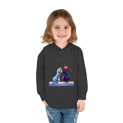 Girls Olaf Frozen Hoodie featuring an adorable graphic of Olaf and Anna, designed for ages 2-5, perfect for chilly days and themed outfits.