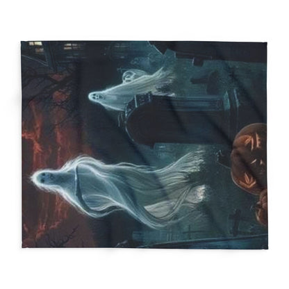 Close-up of the Decorative and Warm Halloween Spooky Arctic Fleece Blanket featuring ethereal ghosts amidst a spooky backdrop, perfect for Halloween decor.