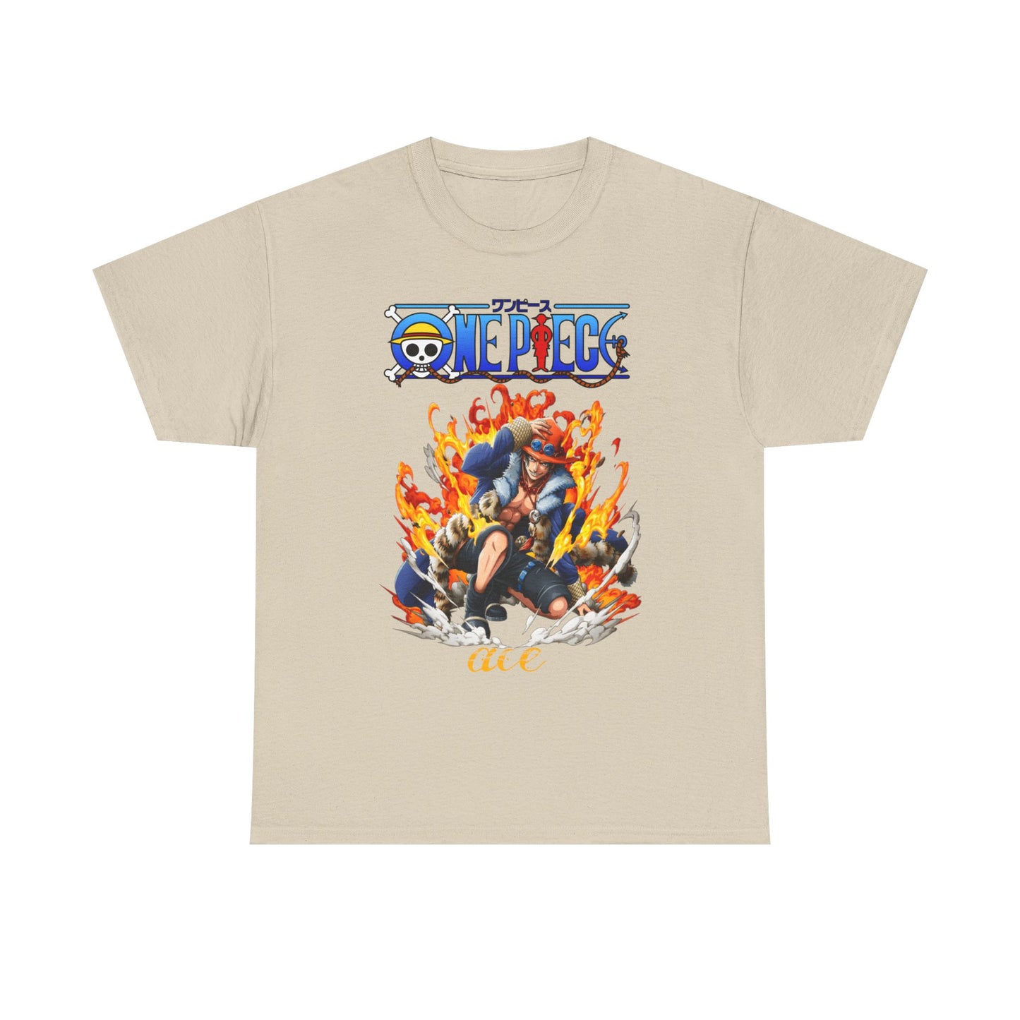 Stylish beige T-shirt adorned with a vivid portrayal of Ace from One Piece, amidst a fiery background, embodying adventure and passion for anime culture.