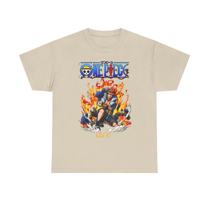 Stylish beige T-shirt adorned with a vivid portrayal of Ace from One Piece, amidst a fiery background, embodying adventure and passion for anime culture.