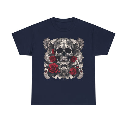 Skulls and Roses Cotton Tee - front view in navy colour, showcasing a detailed skull and roses design for an edgy yet luxurious look.