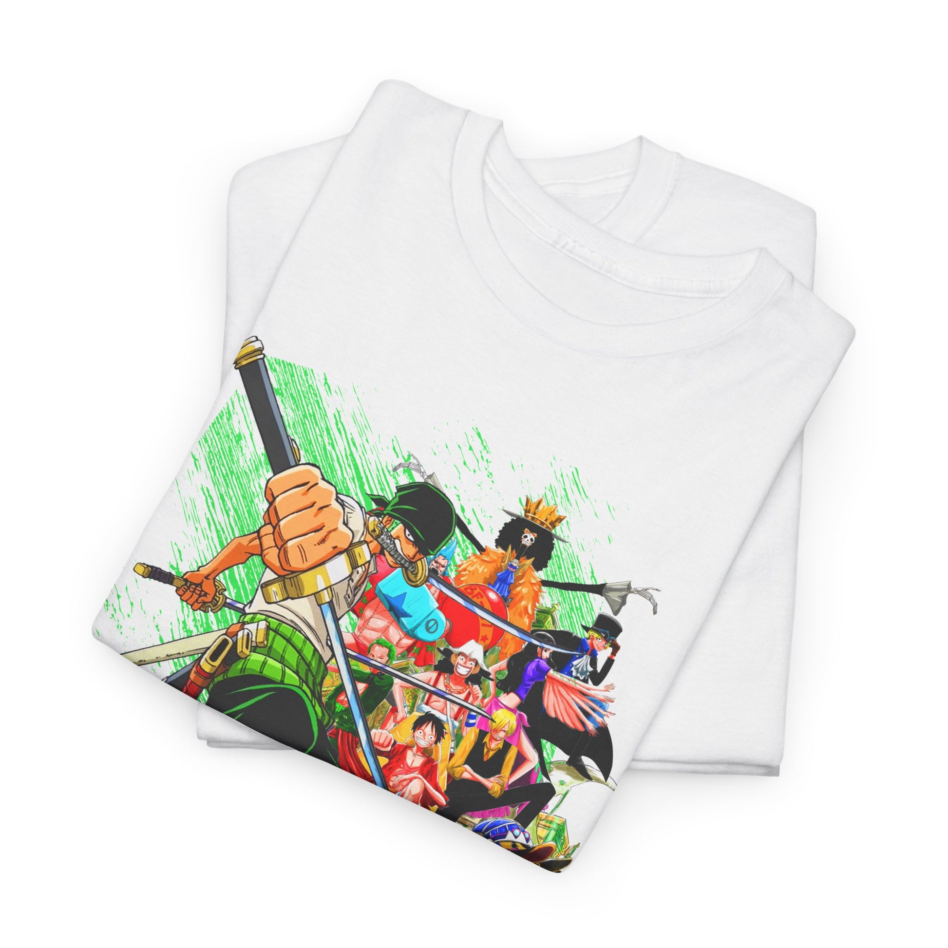 Stacked display of the white One Piece Zoro T-shirts, highlighting vibrant design and premium fabric, perfect for gifting to anime lovers.