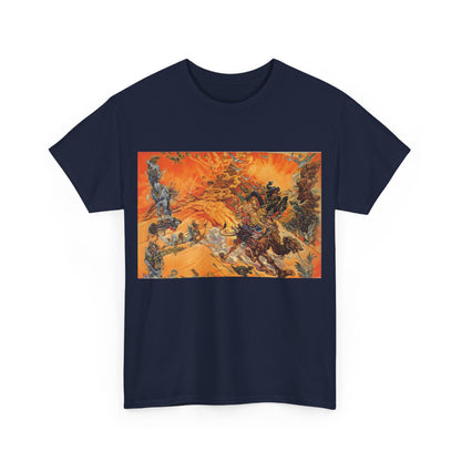 Luxury Discworld Pyramids Graphic Unisex T-Shirt showcasing an intricate, vibrant design inspired by Terry Pratchett's Discworld, perfect for artistic fantasy fashion enthusiasts.