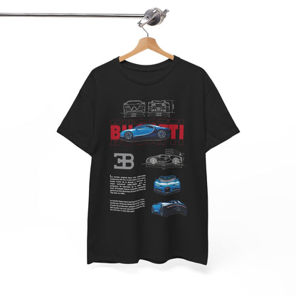 Stylishly hung Bugatti Chiron Men's T-Shirt featuring a premium blue supercar graphic with intricate designs and luxury details, perfect for showcasing automotive passion and style.