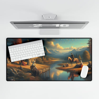 Lunaria Spectroscape Edvard Munch-Inspired Desk Mat viewed from above on a sleek desk, paired with a white keyboard and mouse, highlighting its artistic design and luxurious quality, perfect for elevating office aesthetics.