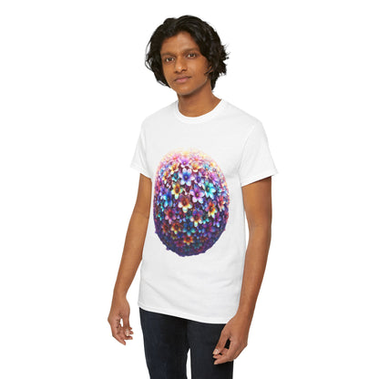 Model wearing the Iridescent Floral Sphere Unisex Cotton Tee, exemplifying a sophisticated style with a vibrant floral design.