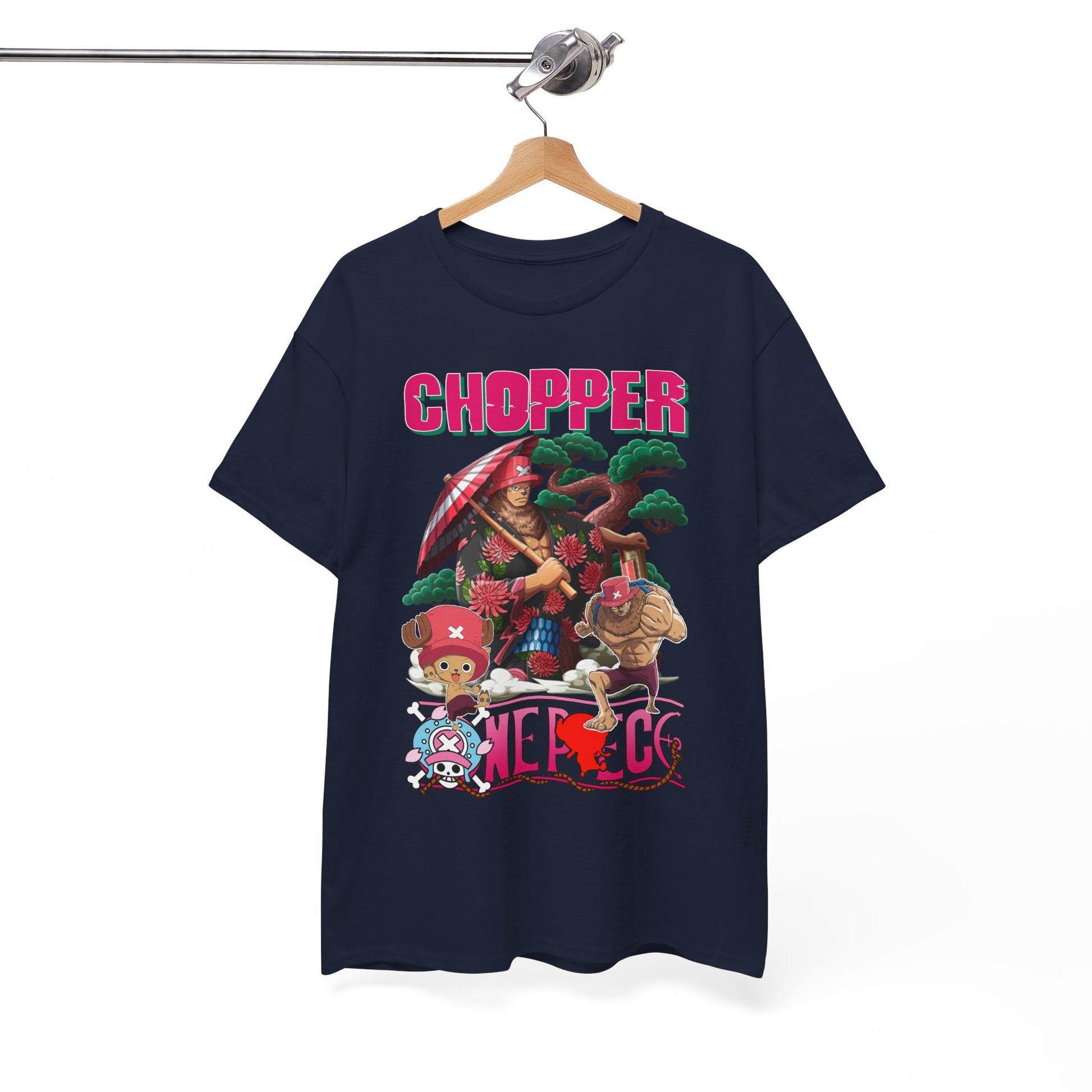 Elegant navy blue graphic tee displayed on a wooden hanger, showcasing Chopper and friends in a captivating anime art style.