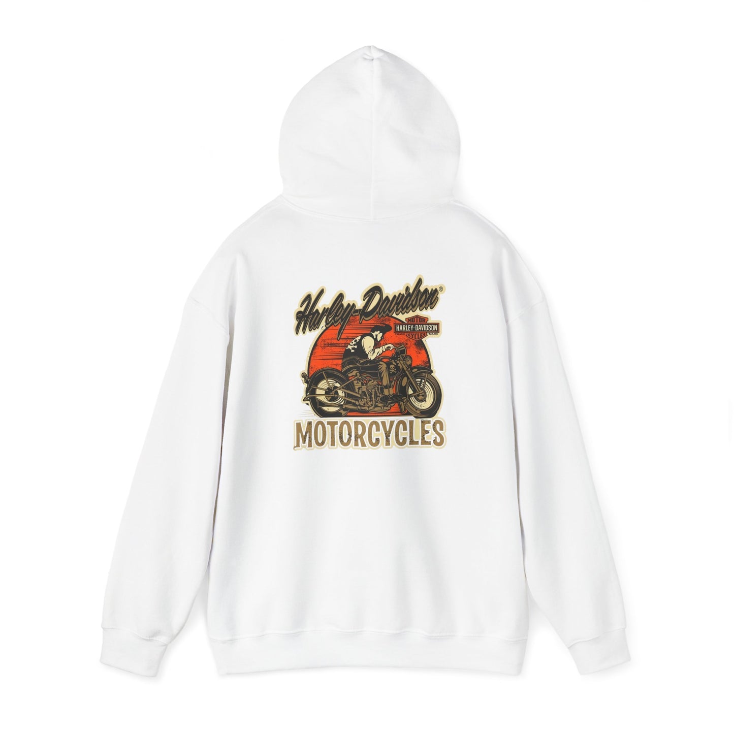Luxury vintage Harley-Davidson hoodie featuring a striking back print of a classic motorcycle design with sunset colors.