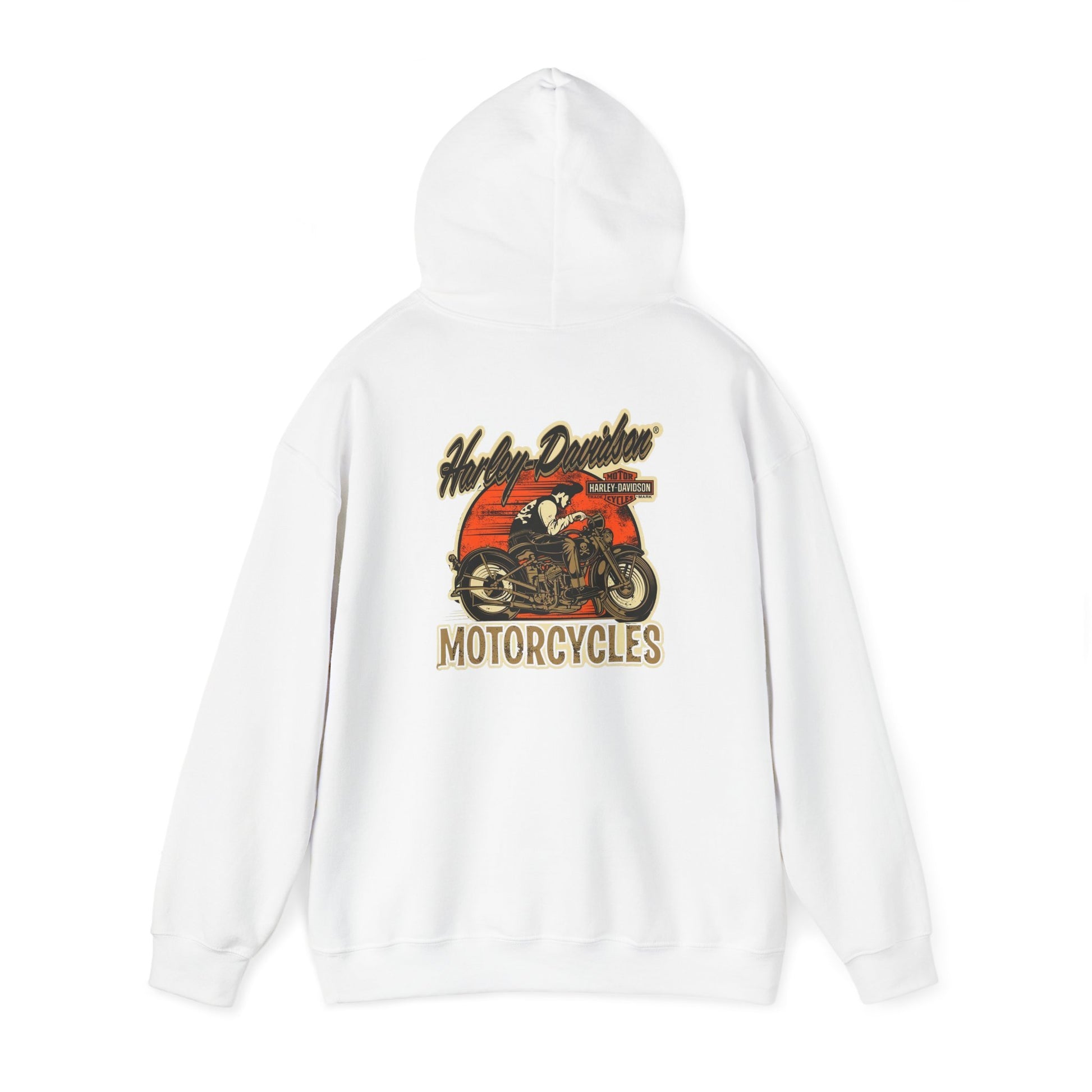 Luxury vintage Harley-Davidson hoodie featuring a striking back print of a classic motorcycle design with sunset colors.