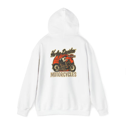 Luxury vintage Harley-Davidson hoodie featuring a striking back print of a classic motorcycle design with sunset colors.