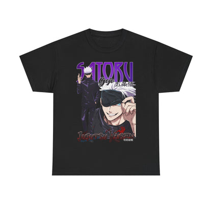 Luxurious black T-shirt featuring Gojo Satoru from Jujutsu Kaisen, showcasing intricate artwork and vibrant colours, ideal for anime enthusiasts.