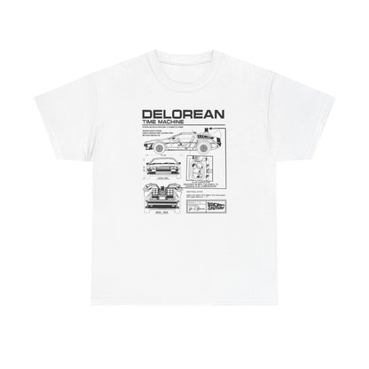 Sophisticated men's white t-shirt displaying an intricate blueprint of the DeLorean time machine, combining style with a homage to classic cinema.
