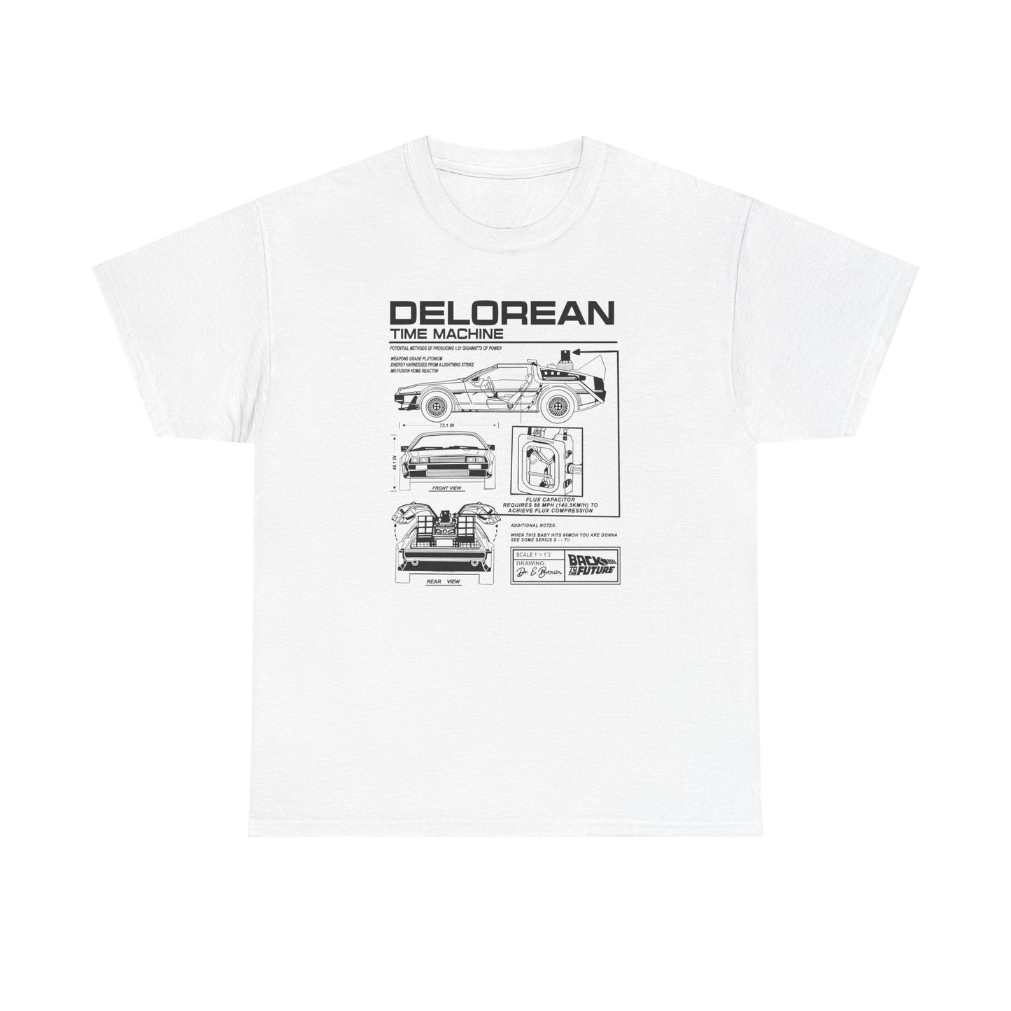 Elegant white t-shirt featuring a detailed technical blueprint of the DeLorean time machine from Back to the Future, showcasing multiple views including front, rear, and specifications.