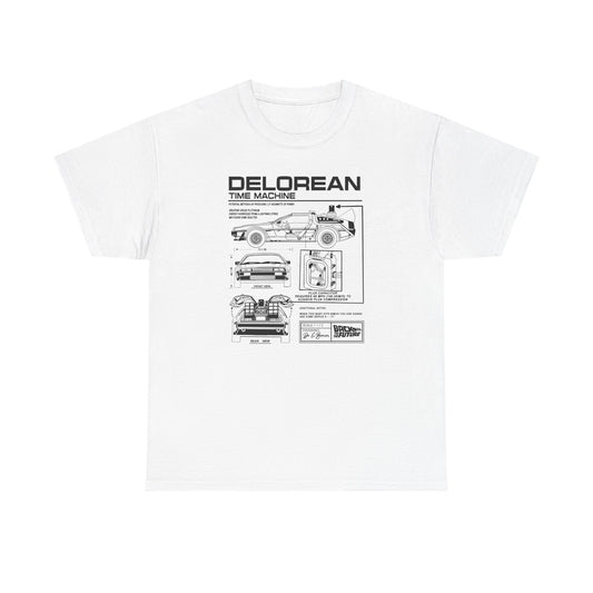 Elegant white t-shirt featuring a detailed technical blueprint of the DeLorean time machine from Back to the Future, showcasing multiple views including front, rear, and specifications.