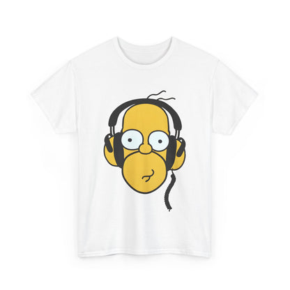 Hear the Hilarity Homer Simpson Headphones Unisex Cotton Tee Graphic T-Shirt displaying a bright illustration of Homer Simpson with headphones on a pristine white background.