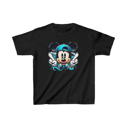Childs Mickey Mouse Graffiti Unisex Graphic Tee Shirt in black featuring a vibrant graffiti design showcasing Mickey Mouse with teal headphone accents.