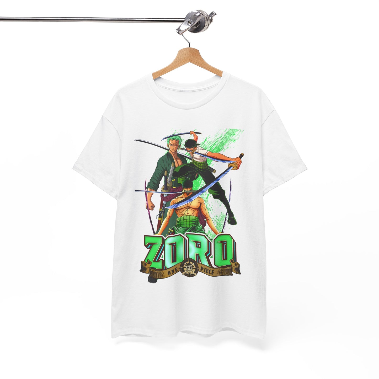 Sophisticated display of a One Piece Zoro t-shirt on a wooden hanger, highlighting exclusive artwork and premium quality fabric for discerning style.