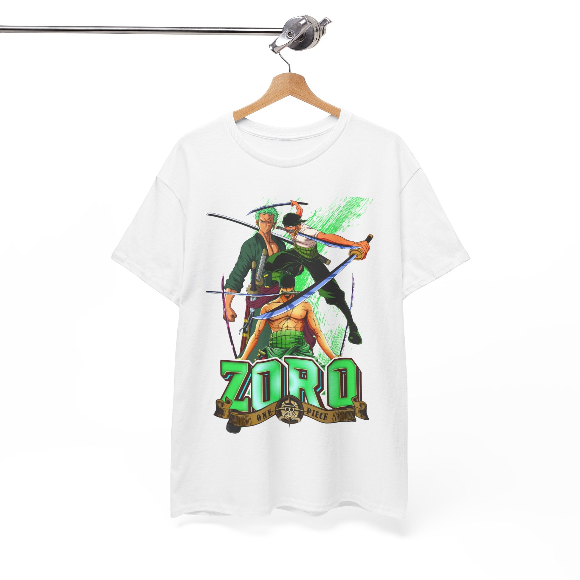 Sophisticated display of a One Piece Zoro t-shirt on a wooden hanger, highlighting exclusive artwork and premium quality fabric for discerning style.