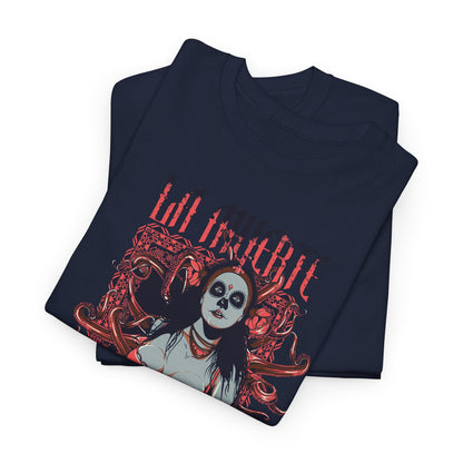 Folded navy t-shirts showcasing a striking design of La Muerte, available in various sizes, perfect for those seeking unique, bold apparel.