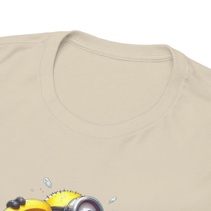 Close-up view of the neckline of the Mens Funny T-Shirt: Minions Banana Splash, displaying soft fabric with a fun Minion design. T Shirt, Funny, Minions.