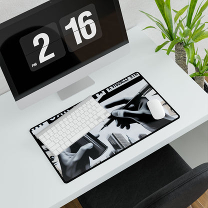 Elegant BanksyGroove UrbanScape Desk Mat showcasing a striking monochrome design in a modern office setting with a keyboard and mouse.