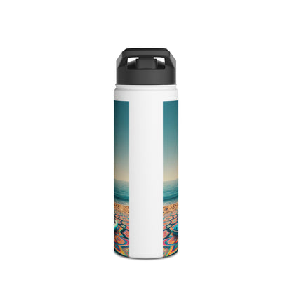 Luxurious Fantasy Paddleboarding Stainless Steel Water Bottle displayed with a magnificent beach and ocean view, perfect for stylish hydration on adventure outings.