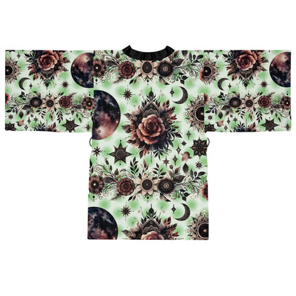 Floral Kimono Robe design showcasing intricate floral prints and celestial motifs, highlighting the robe's designer appeal with luxurious fabric perfect for elegant lounging.