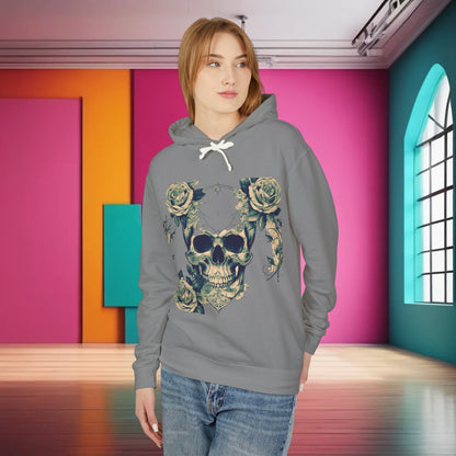 Chic Unisex Lightweight Hooded Sweatshirt adorned with unique designer skull and roses artwork, worn by a model against a vibrant backdrop, exemplifying modern luxury fashion.