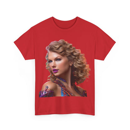Stylish front view of the Swifties psychedelic Taylor Swift Heavy Cotton Tee in red, featuring a stunning psychedelic image of Taylor Swift, a must-have for any fan.