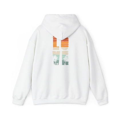 Luxury vintage love hoodie featuring retro graphic design on the back, showcasing stylized 'LOVE' lettering alongside palm trees and soothing ocean waves, perfect for stylish casual wear.