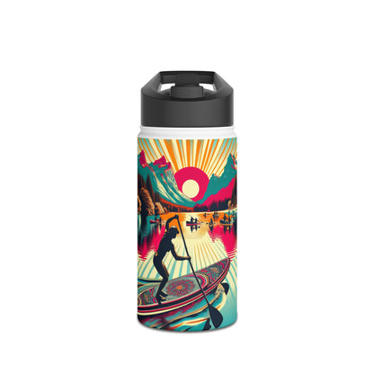Fantasy Paddleboarding Stainless Steel Water Bottle featuring vibrant artistic design of a paddleboarder against a stunning sunset landscape, perfect for luxury hydration during outdoor adventures.