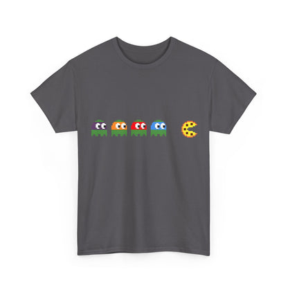 Front view highlighting the Teenage Mutant Ninja Turtles Pizza Pacman Graphic Unisex Tee Shirt, adorned with vibrant pixel art of Pacman ghosts and pizza.