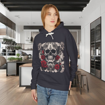 Unisex Lightweight Hooded Sweatshirt featuring unique designer skull and roses motif, modelled in a modern kitchen setting.