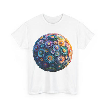Front view of the Iridescent Floral Sphere Unisex Cotton Tee Graphic T Shirt in white, featuring an exquisite iridescent floral sphere graphic for a standout presence.