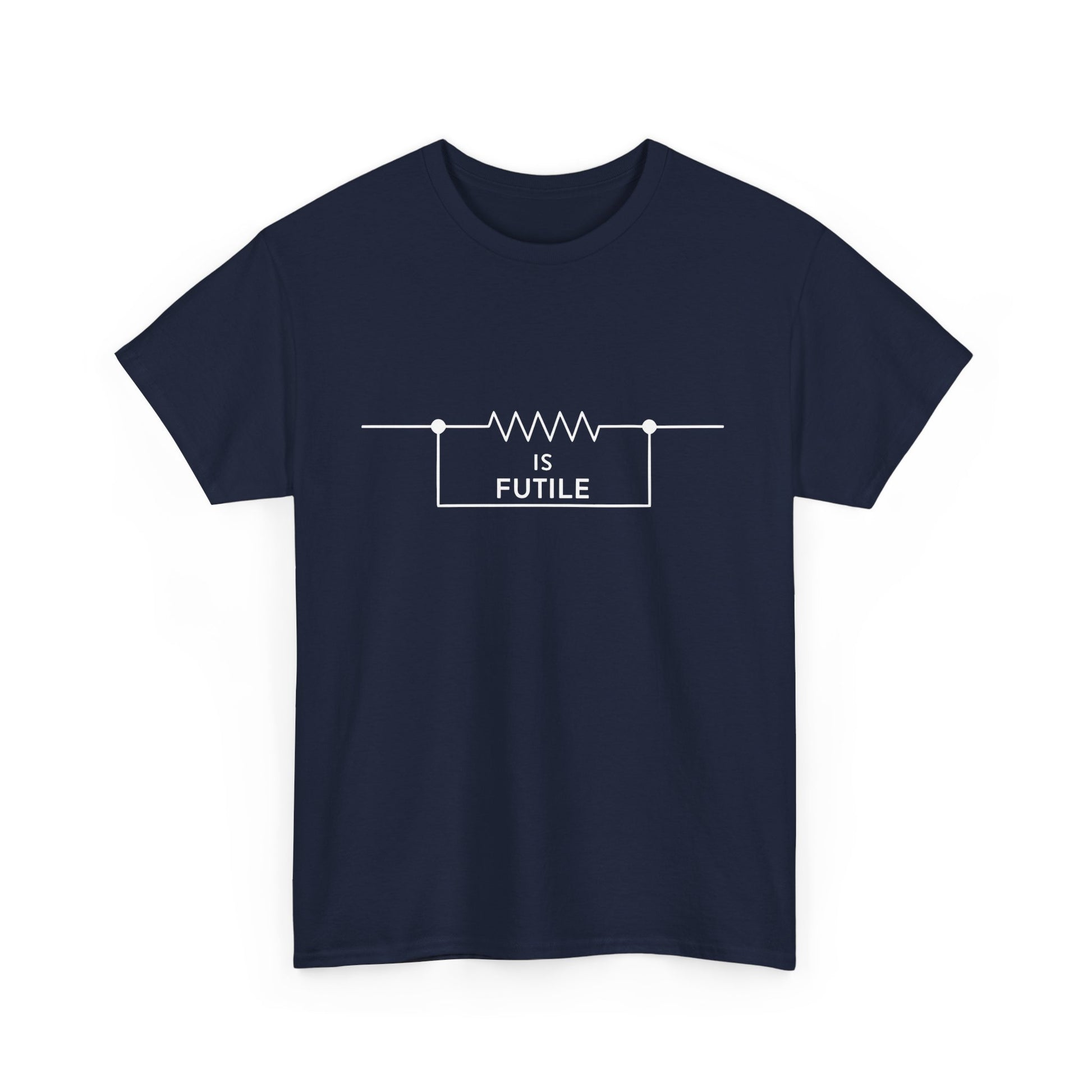 Front view of a luxurious unisex graphic tee shirt featuring the phrase 'IS FUTILE' integrated into a resistor symbol design, perfect for Star Trek fans.