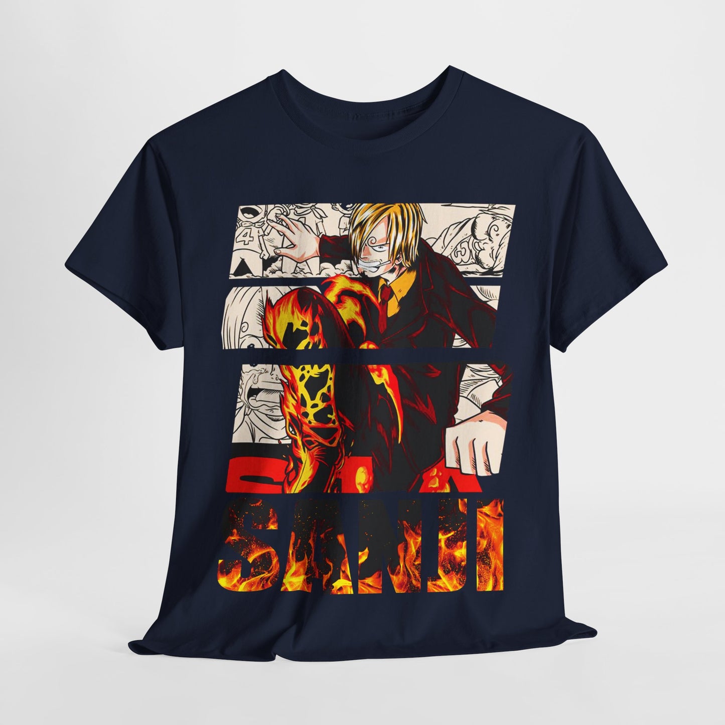 Front view of a luxurious navy t-shirt adorned with Sanji’s artistic graphic print, combining style and anime fandom for an exquisite look.