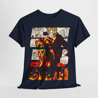 Front view of a luxurious navy t-shirt adorned with Sanji’s artistic graphic print, combining style and anime fandom for an exquisite look.