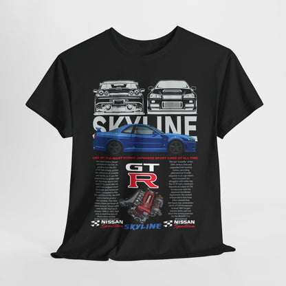 Luxury black T-shirt featuring artistic graphic design of Nissan Skyline GT-R, showcasing its iconic silhouette alongside technical specifications, perfect for automotive enthusiasts.