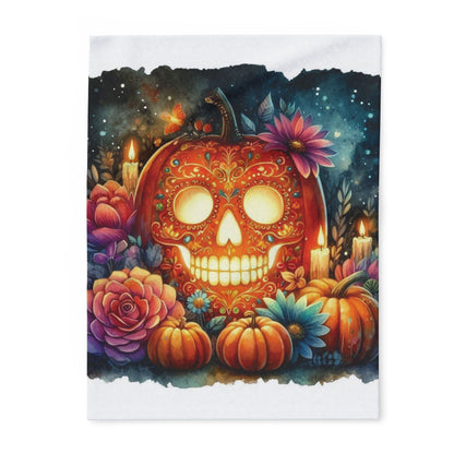 Luxury Decorative and Warm Halloween Spooky Arctic Fleece Blanket featuring an intricate orange skull design surrounded by vibrant flowers and pumpkins, ideal for adding seasonal elegance to your home.