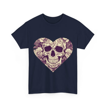 Front view of Skulls and Roses Cotton Tee featuring intricate skull and rose design in a heart shape, perfect for an edgy yet sophisticated look.