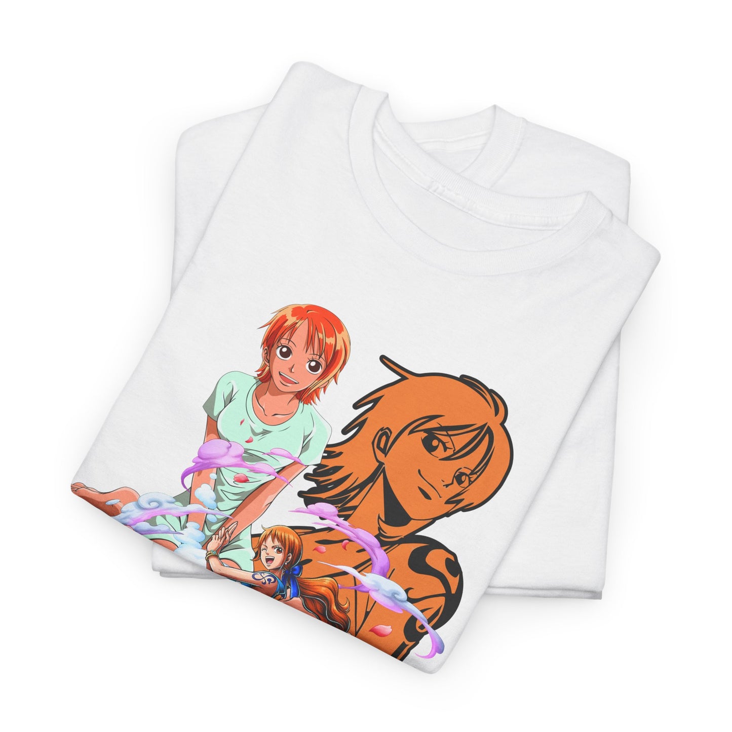 Luxury presentation of folded white men's t-shirts featuring artistic Nami artwork, perfect for showcasing individuality and style.