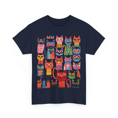 Purrfection Graphic T-Shirt displaying an array of colourful stylised cats on a navy cotton tee, combining luxury and creativity for cat aficionados.