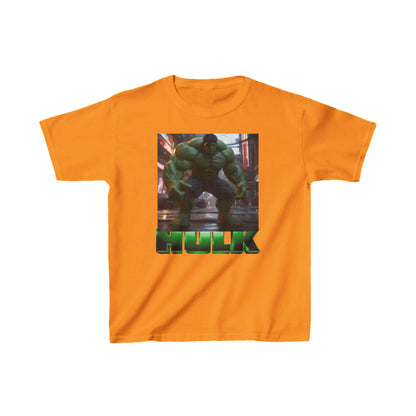 Kids Heavy Cotton Incredible Hulk T-Shirt - Vibrant orange variant with the iconic Hulk graphic, made to withstand play while offering boys a fashionable superhero look.