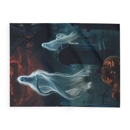 Decorative and Warm Halloween Spooky Arctic Fleece Blanket elegantly showcasing ghostly apparitions drifting over spooky pumpkins, perfect for adding a luxurious Halloween ambiance to any space.