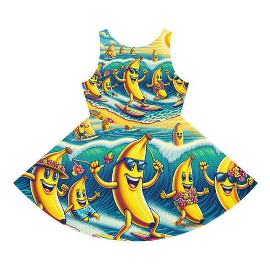 Ruby Bellefleur Girls' Tropical Banana Surf-Pals Sundress - Eye-catching sundress adorned with playful banana motifs riding waves, ideal for sunny beach days.