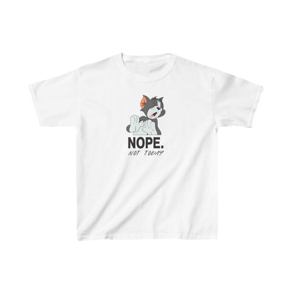 Elegant unisex kids' graphic tee shirt showcasing Tom from Tom & Jerry with a charming ‘NOPE. NOT TODAY’ print on a pristine white background, perfect for effortless chic style.