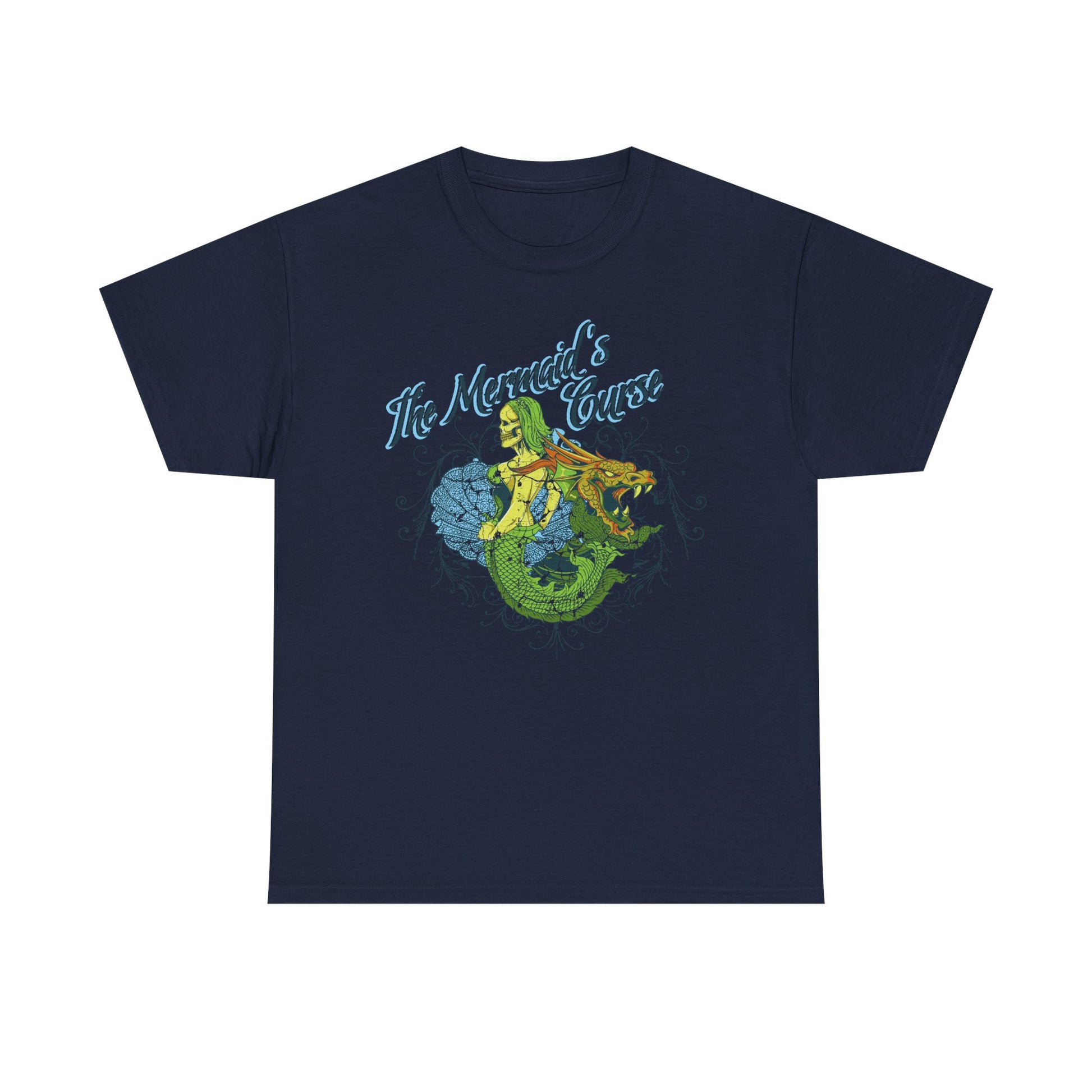 Refined navy t-shirt displaying a vibrant artwork of a siren and dragon with 'The Mermaid's Curse' inscribed, perfect for lovers of unique fantasy apparel.