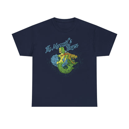 Refined navy t-shirt displaying a vibrant artwork of a siren and dragon with 'The Mermaid's Curse' inscribed, perfect for lovers of unique fantasy apparel.